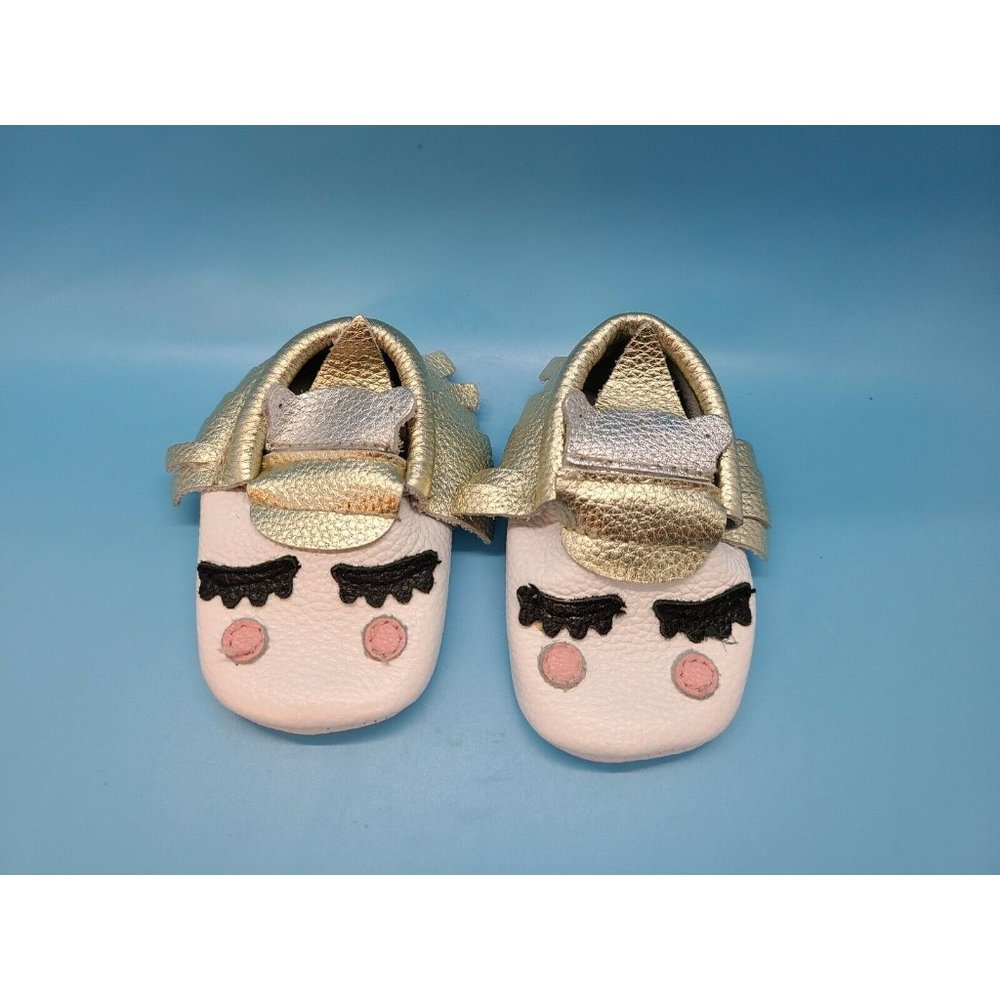 Leather UNICORN Baby Moccasins Shoes White w Gold Fringe Silver Crown Unbranded